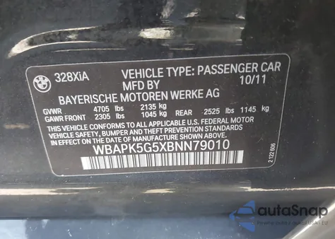 2011 BMW 328I xDrive from USA, damaged, VIN WBAPK5G5XBNN79010